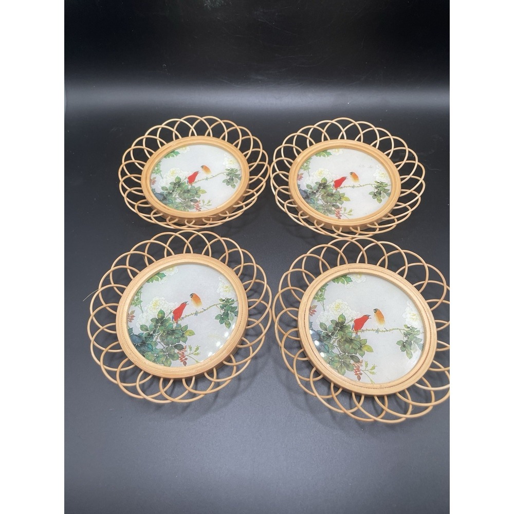 Vintage 80s BOHO Bamboo Wicker Rattan Coasters Set Of  Four  Birds